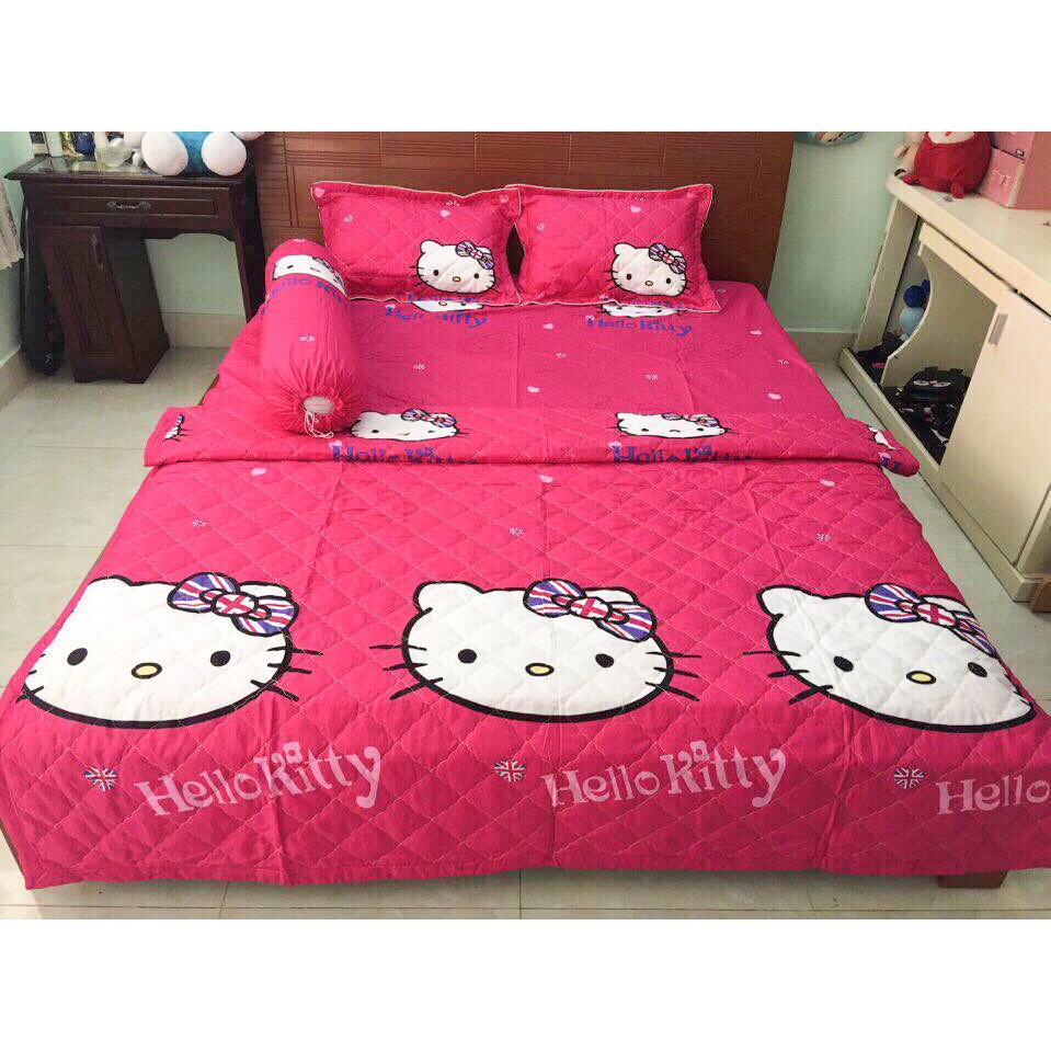 [Giá Sale] Bộ Chăn Ga Cotton Poly 5 Món Hello Kitty Hồng đậm ( 1m6 x 2m ) - ( 1 Drap + 2 Vỏ Gối Nằm + 1 Chăn Hè + 1 Vỏ Gối Ôm )