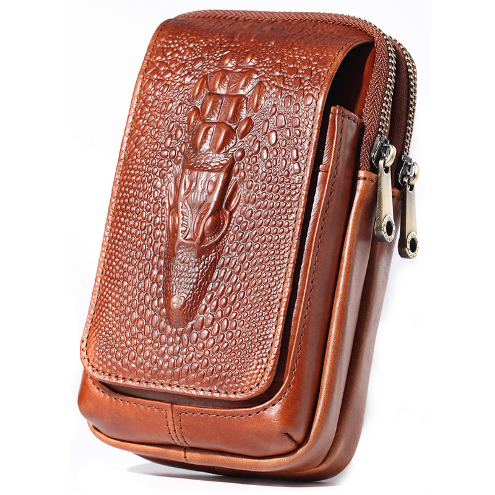 PIUNCLE Brand High Quality Fashion Genuine Leather Mens Fanny Waist Pack Designer Belt Bags For Men Double Zipper 6.5" Cell/Mobile Phone Pouch Belt With Coin Pocket Money Purses Belt Wallet Bags Hip Hook Hanging Bag Vintage Cowhide Large Capacity