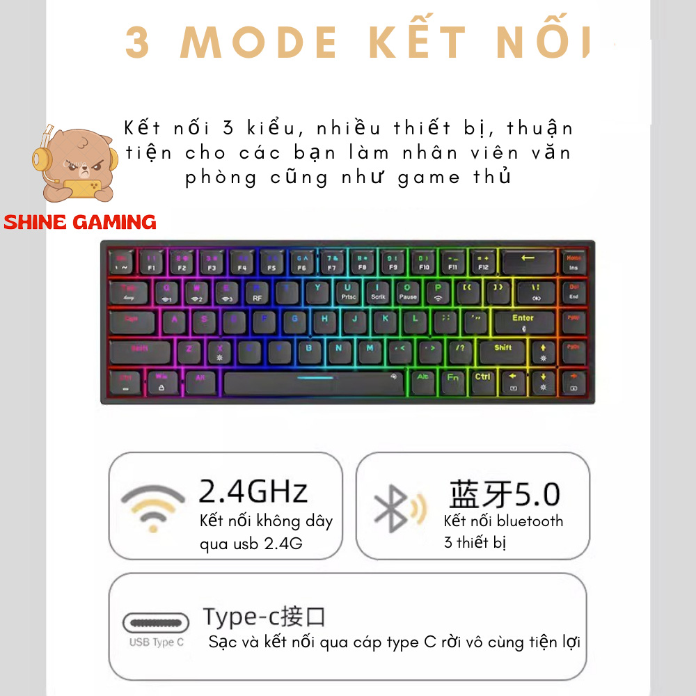 Co68 wireless mechanical keyboard-hotshoe support-gold switch - 3 mode convenient connection-RGB LED multi-mode