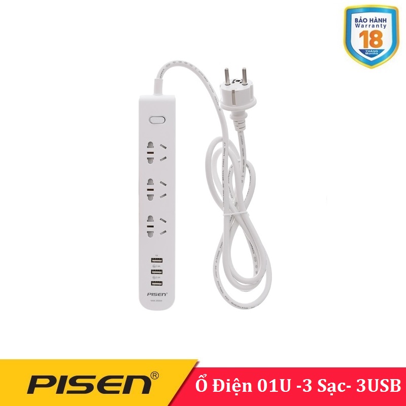 Ổ cắm điện đa năng Pisen 303  ( 3AC , 3USB ) -BH 18 Tháng