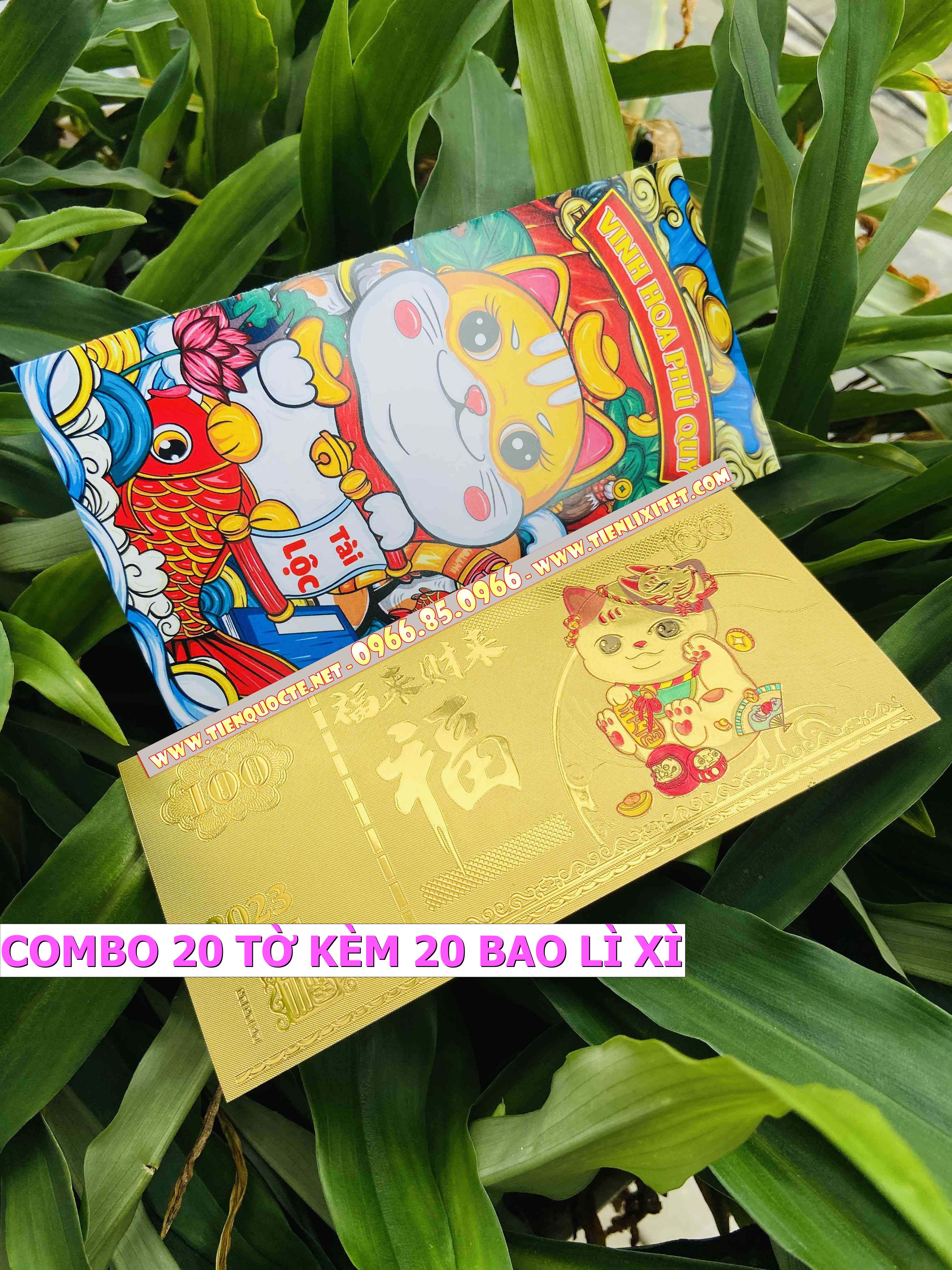 Lot 20 tờ Lì xì tết Tiền hình mèo macao plastic mạ vàng lưu niệm quà tặng tết mèo ÔM hủ vàng 2023 M2