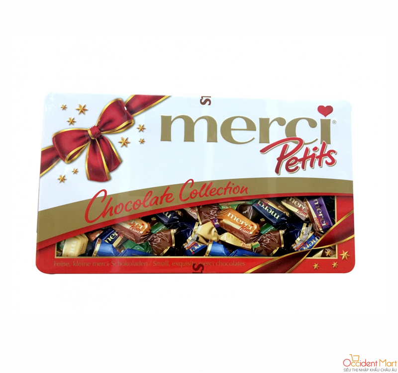 1 HỘP SOCOLA MERCI PETITS NHẬP KHẨU ĐỨC HỘP SẮT 375G