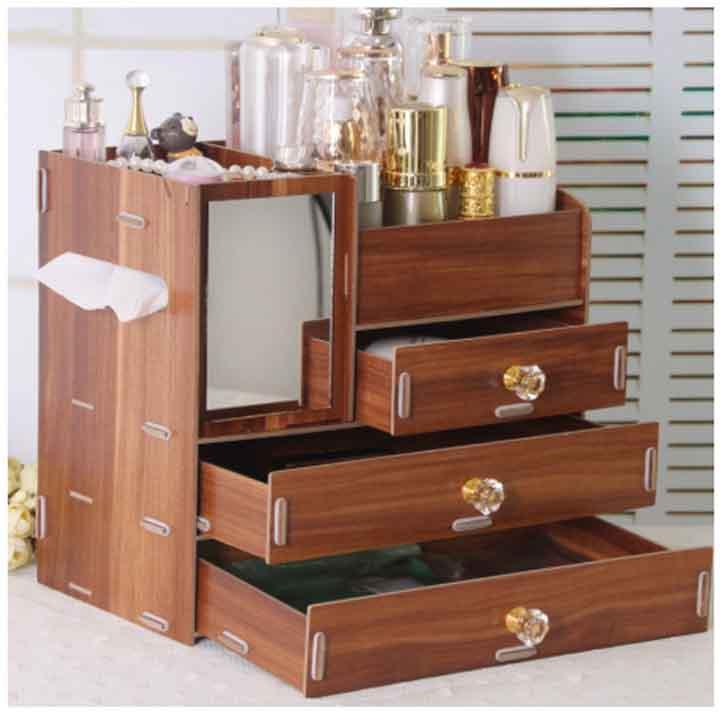 Kệ gỗ đựng đồ trang điểm 4 tầng có gương - kệ trang điểm- kệ mỹ phẩm