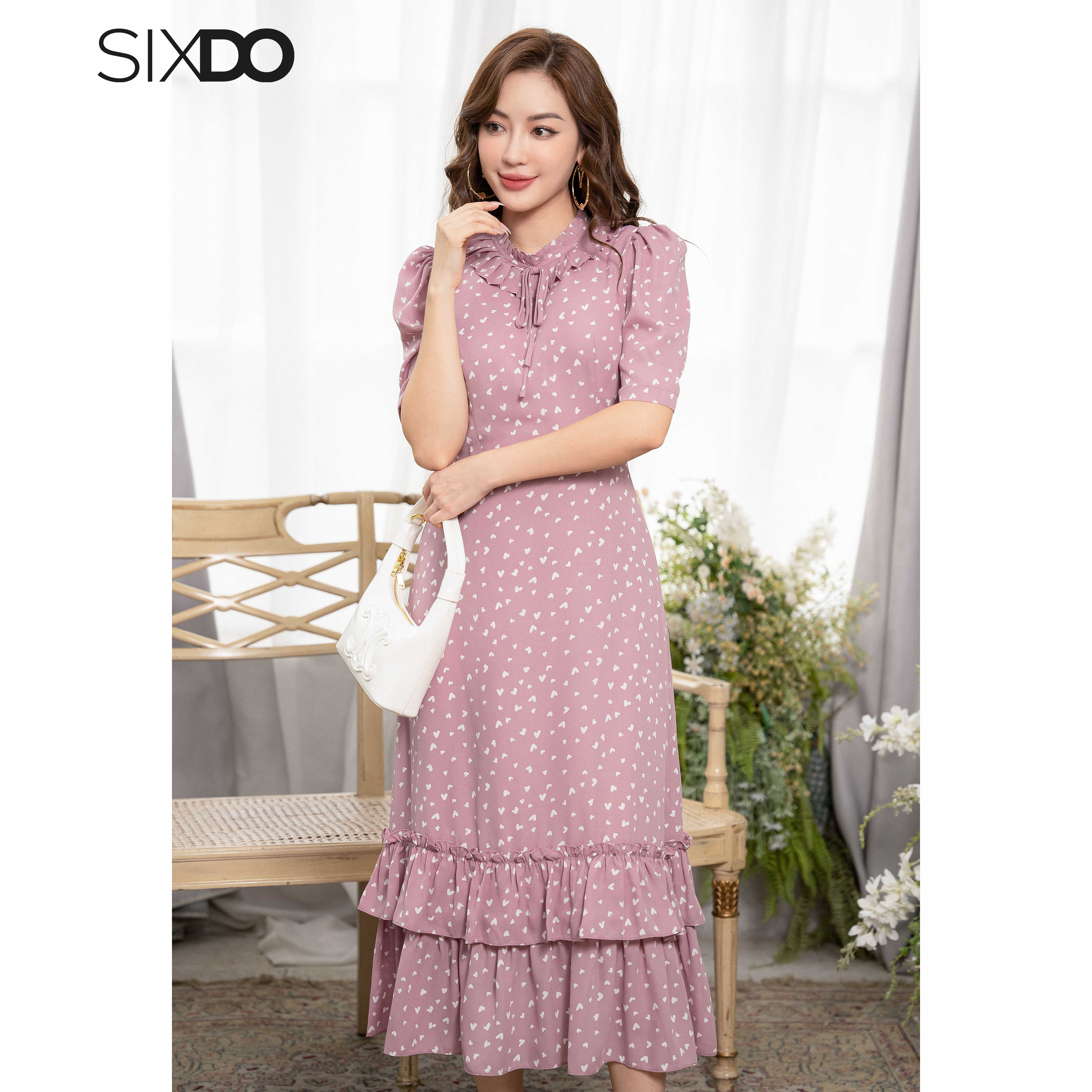 Đầm chiffon cổ bèo họa tiết trái tim SIXDO (Midi Chiffon Dress)
