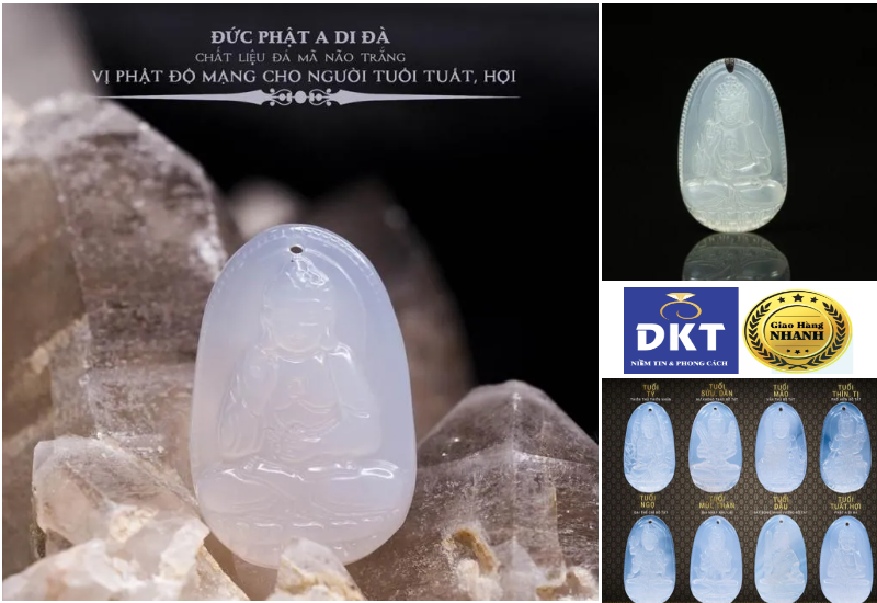 Mặt dây chuyền Phật Adida đá Mã não trắng + Tặng kèm móc và dây đeo