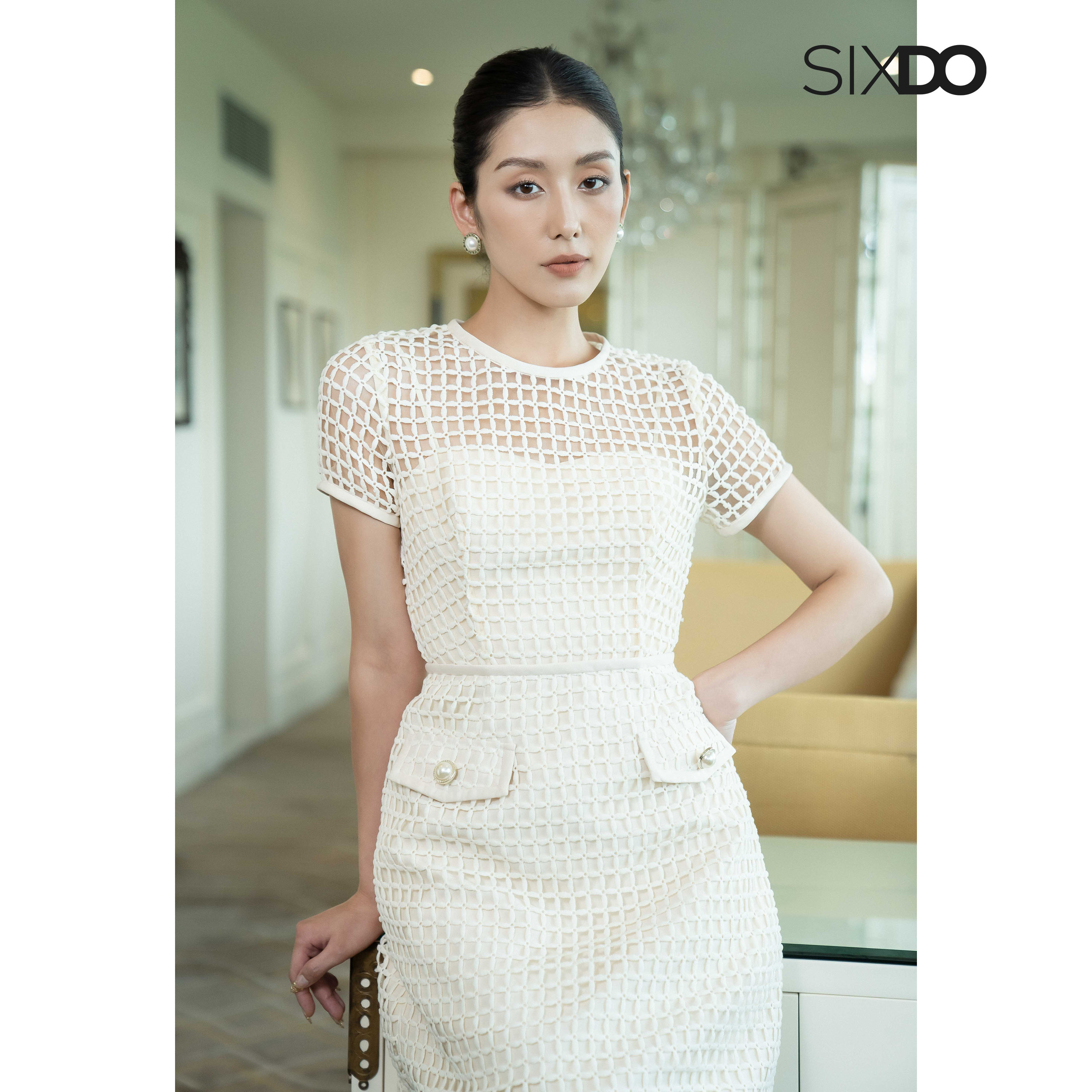 Đầm be ren lưới ngắn tay SIXDO (Dark Beige Short Sleeves Mini Lace Dress 1)