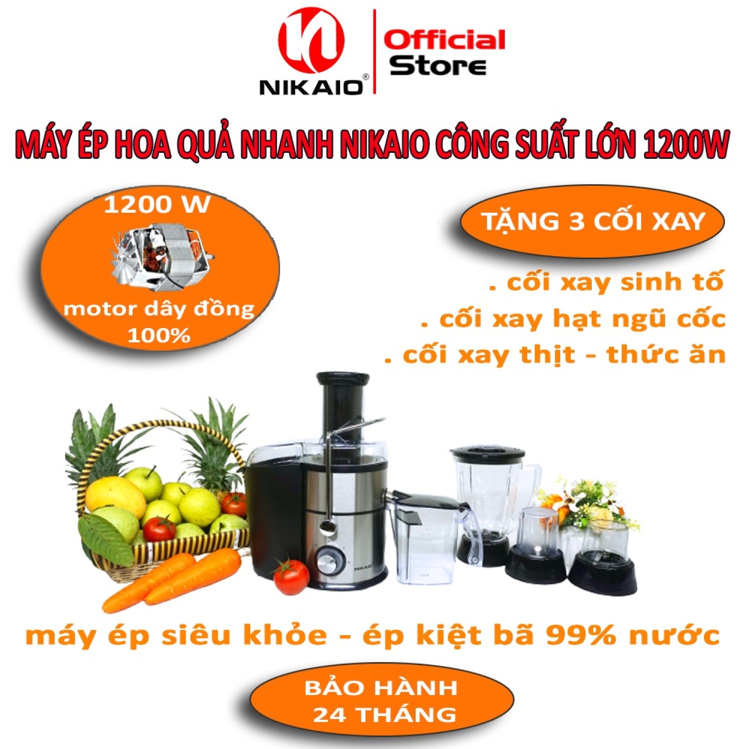 Máy ép nhanh trái cây nikaio công suất 1200w, dung tích 1000ml, bảo hành 24 tháng - nko-1200