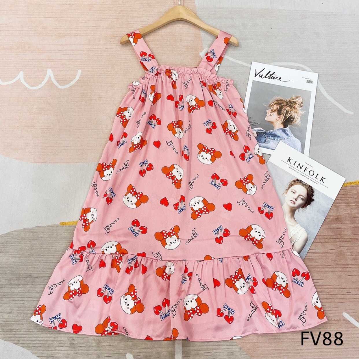 Váy ngủ 2 dây chun ngực lụa satin nhiều hình dễ thương