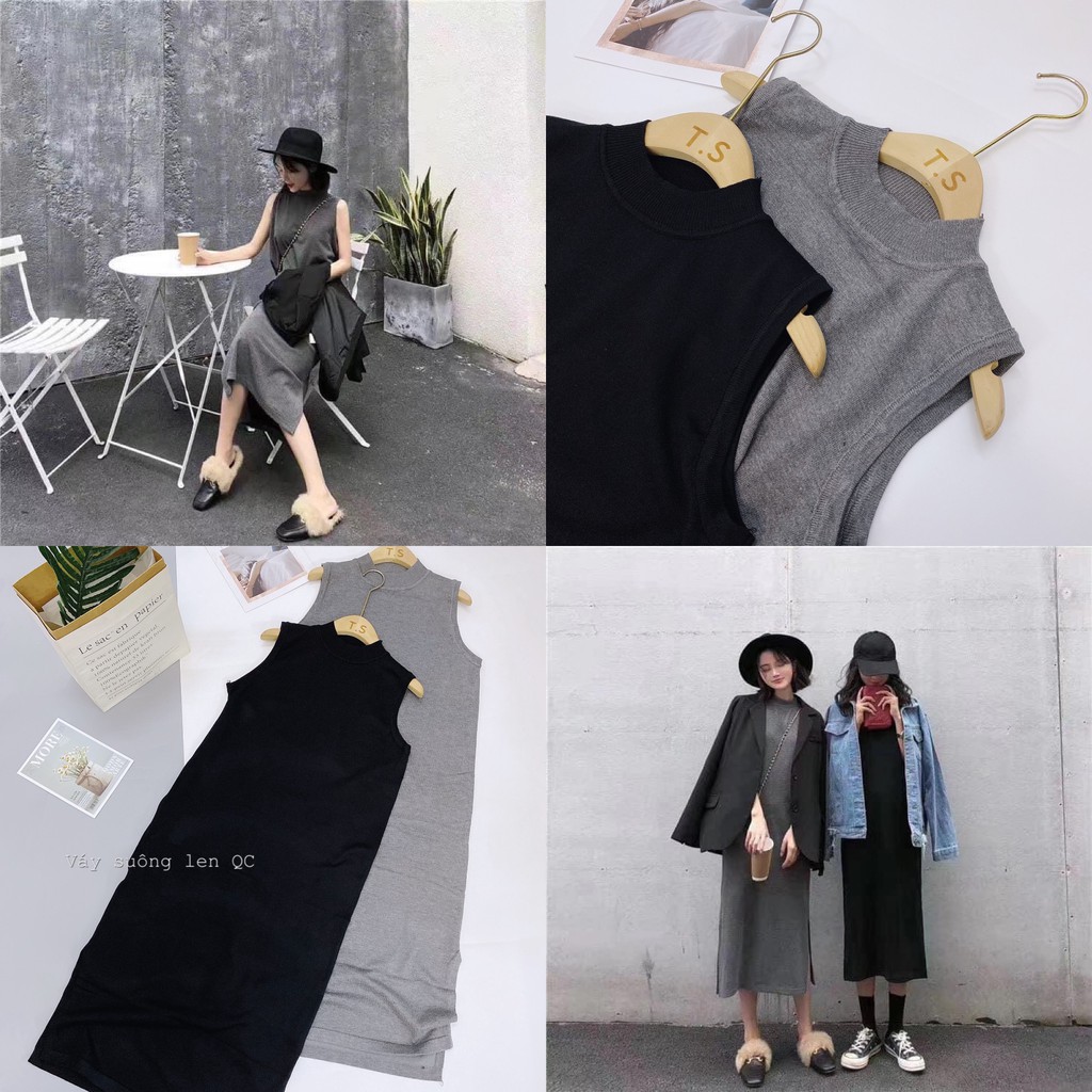 Váy len sát nách dáng suông cổ 2 phân phong cách