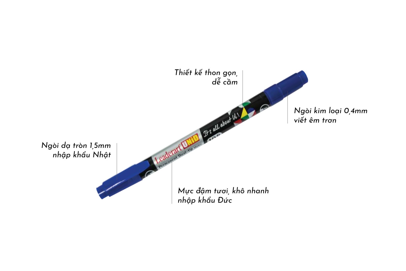 1 chiếc bút dạ kính 2 đầu leaderart 108 -xanh/đen/ đỏ