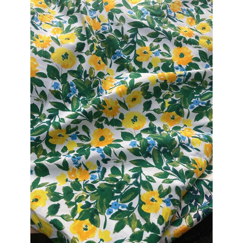Vải thô cotton 100% hoa vàng lá xanh zara