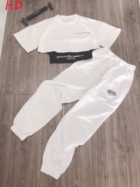 [HCM]Set 2 áo croptop kèm quần Spun bo gấu (Xám, Đen, Trắng)