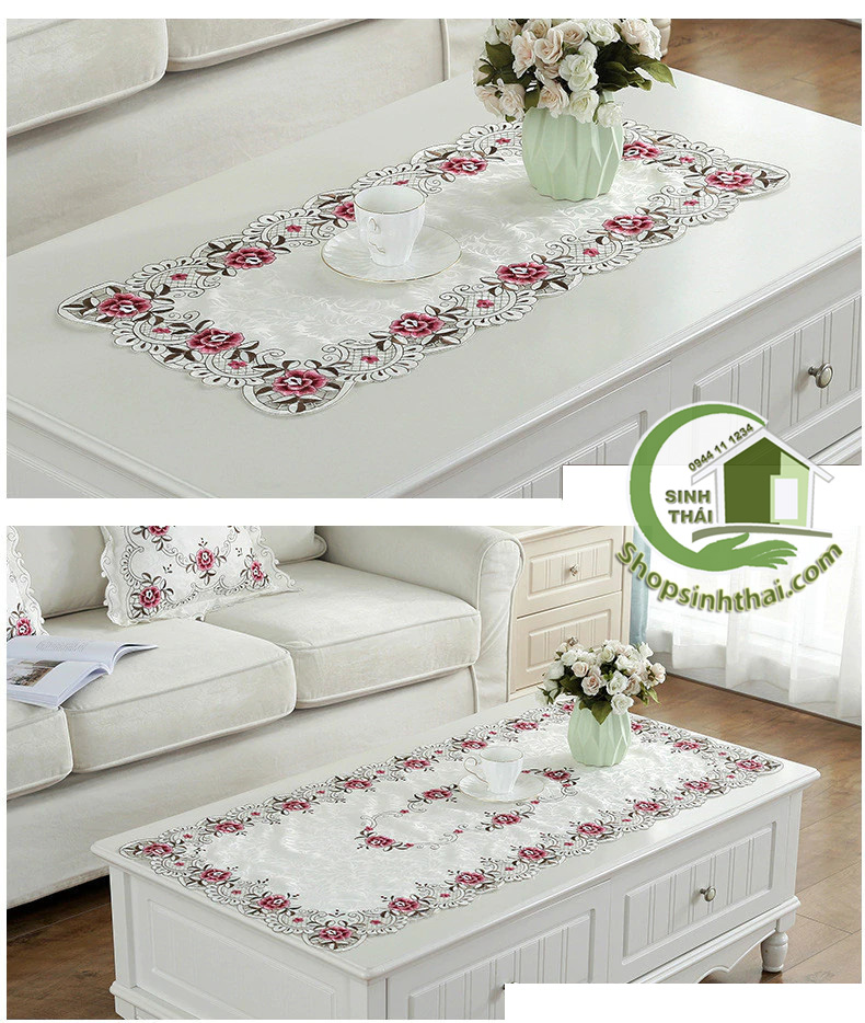 [HCM][ 40cm x 80cm ] Tấm khăn trải bàn bằng vải thêu hoa cao cấp sang trọng - vải cotton trắng - giao hoa văn ngẫu nhiên