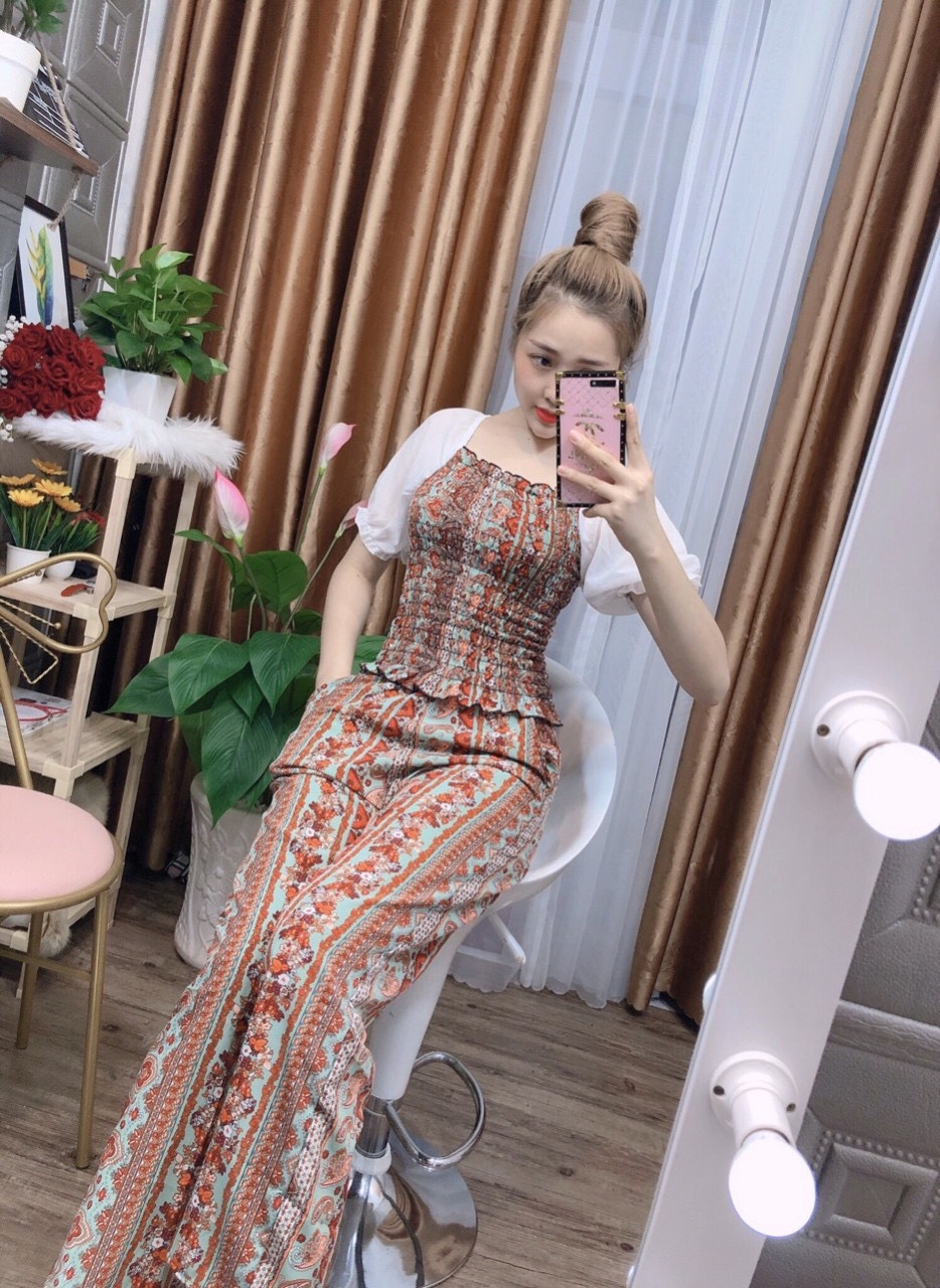 Set bộ nữ họa tiết thổ cẩm áo tay con bo eo kèm quần dài ống suông
