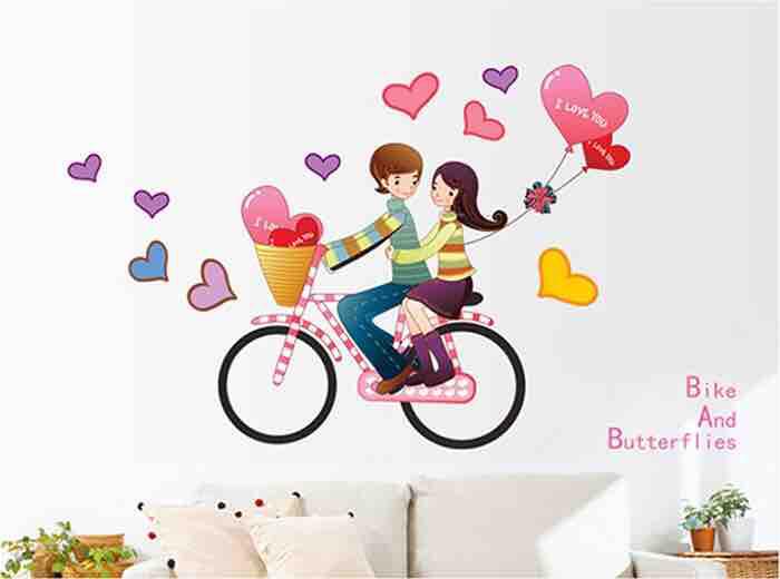 Decal tranh dán tường đôi bạn đạp xe