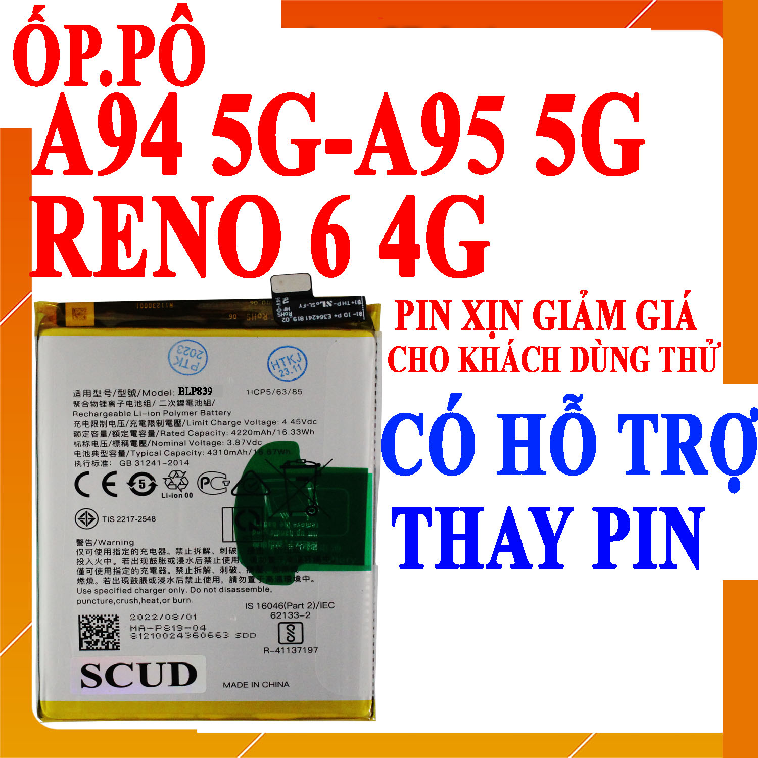 Pin scud cho oppo a94 5g/a95 5g/reno 6 4g blp839 dung lượng 4310mah