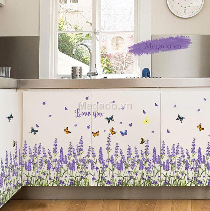 decal dán Hoa lavender tím chân tường