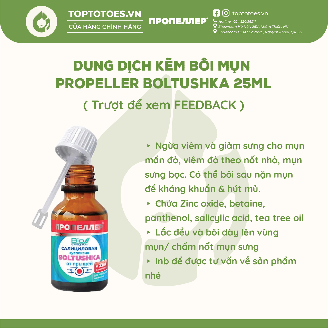 Dung dịch kẽm bôi mụn Propeller Boltushka (bảng thành phần mới) giảm sưng ngừa viêm gom khô cồi mụn