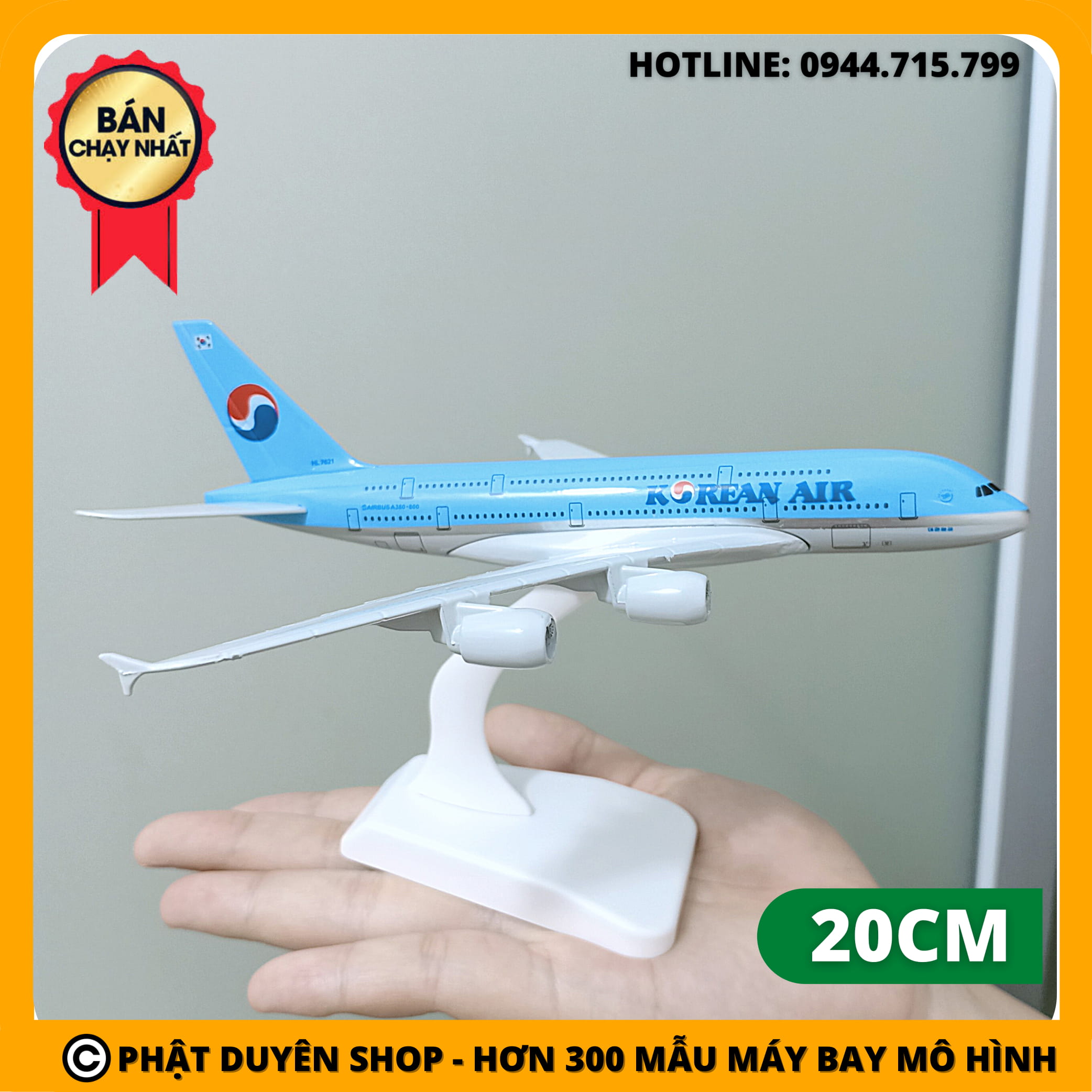 (Video) Mô hình máy bay Airbus A380 Korean Air (20cm) Hàn Quốc - Xanh  - Kèm đế trưng bày đẹp