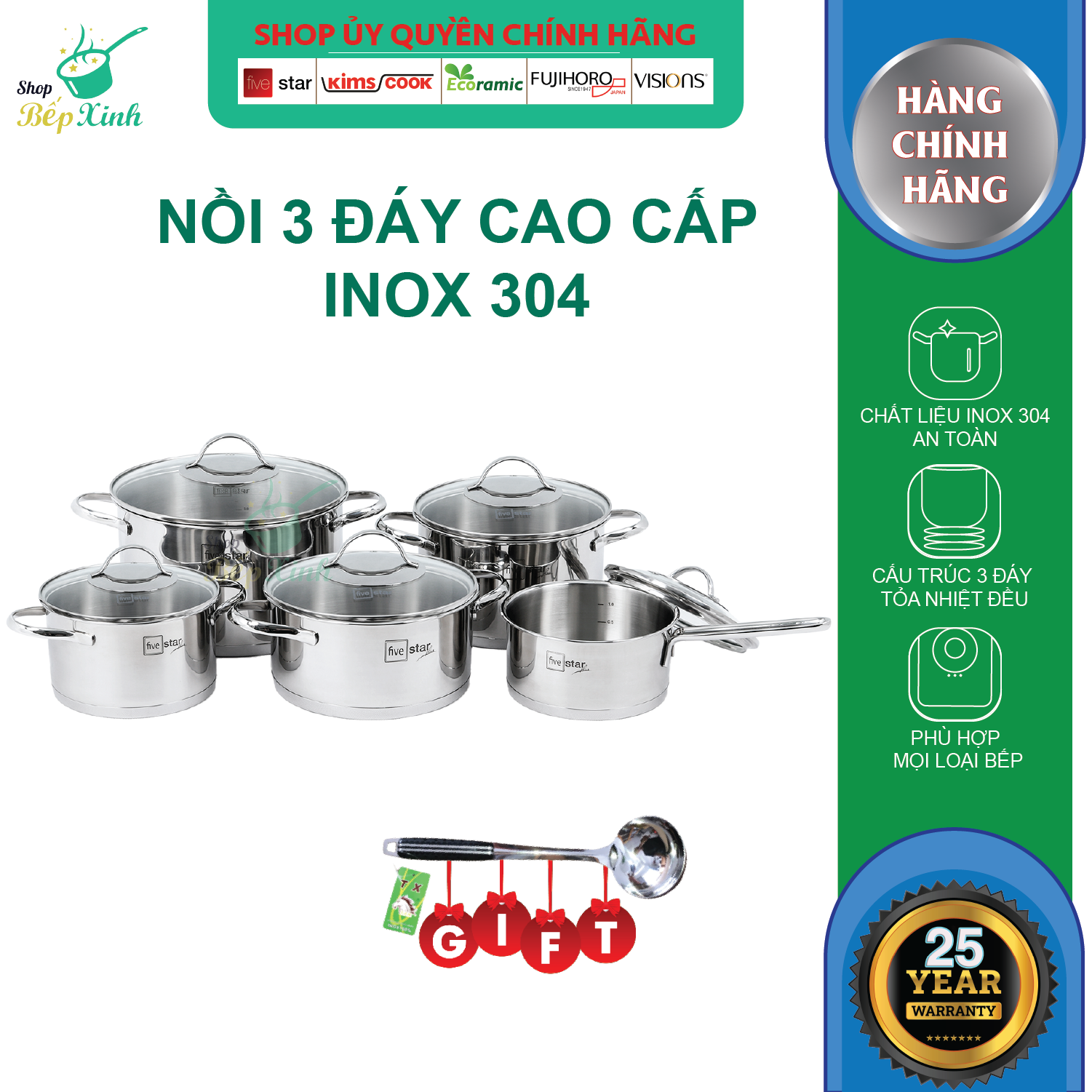 Bộ nồi inox Fivestar Plush FPB4005 nắp kính 5 món ( 1 quánh & 4 nồi ) - Được làm bằng inox 304 cao cấp - Nồi dùng tốt trên cả bếp gas, bếp hồng ngoại và bếp từ - Hàng chính hãng - Shop Bếp Xinh