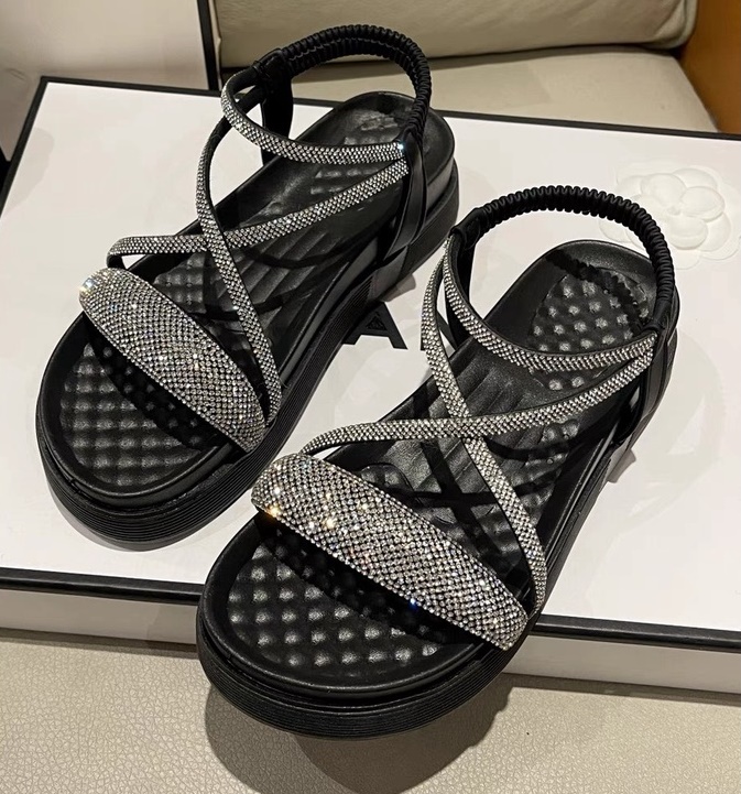 🔝 Giày sandal nữ quai ngang SD CƯỜM đính đá bản to hàng QC đế cao 4p 2 màu đen/kem mẫu mới hot trend xinh rẻ đẹp mẫu mới dễ phối đồ