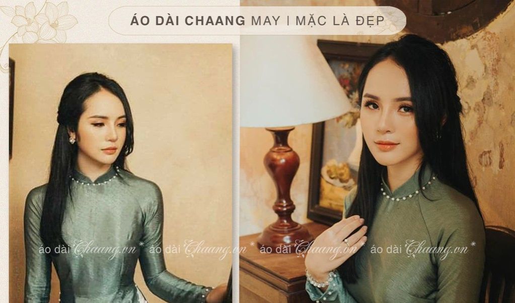 Long Silk Wood grain Green💝Chaang💝Design long dress traditional silk quality soft stretchy light