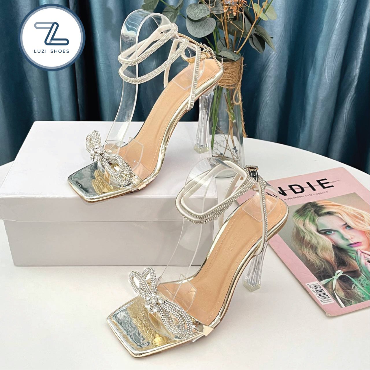 Sandal quai ngang mica đính nơ dây đá quấn cổ chân gót mica cao 10p, giày cao gót quai đính nơ dây quân cổ chân đính đá gót cao 7p m93