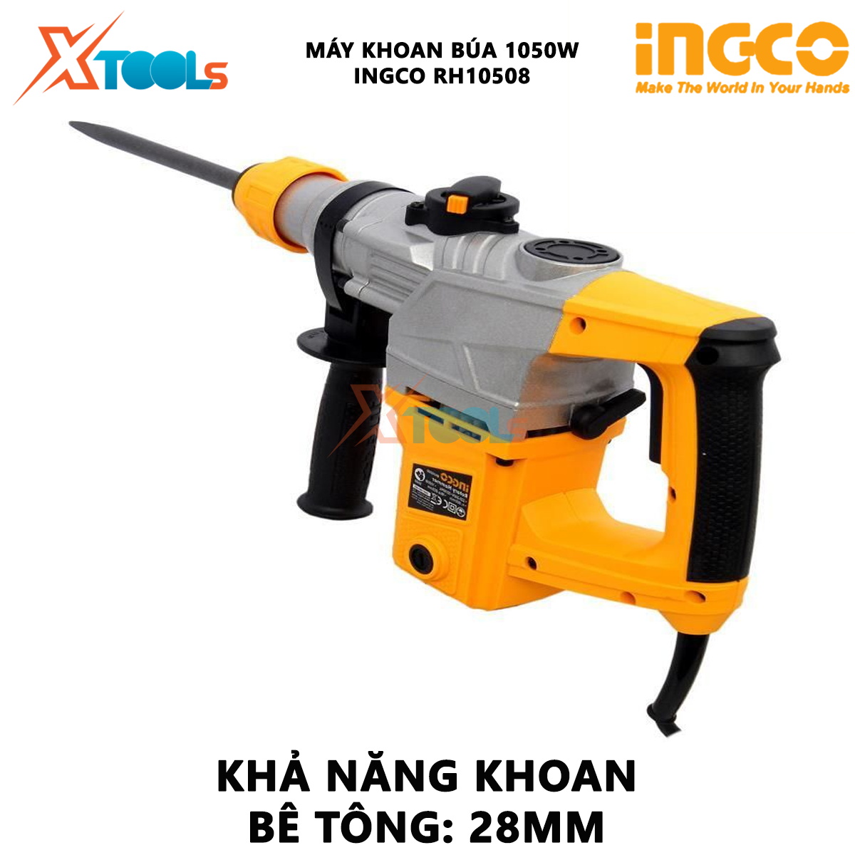 Máy khoan cầm tay 3 chức năng 1050w Ingco RH10508 đầu khoan gài sds, lực đập 5jkèm 3 mũi khoan gài, 2 mũi đục Máy khoan đục bê tông