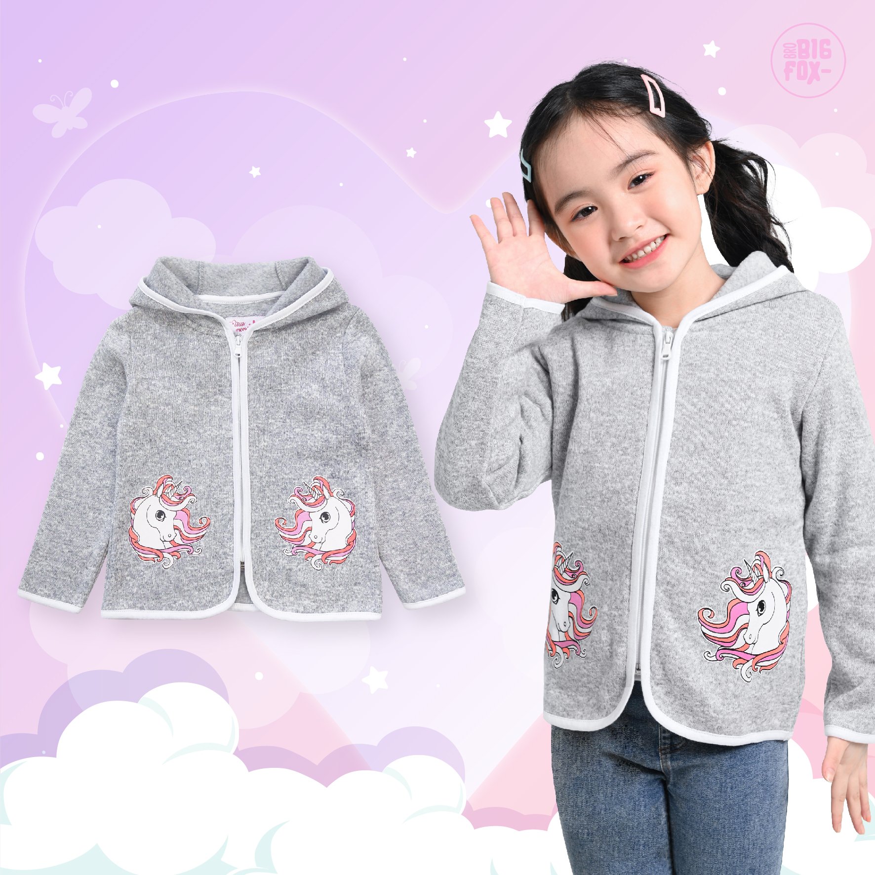 Áo khoác cho bé gái BIGFOX - MISS MEOW thu đông, áo nỉ bông kéo khóa dài tay size đại in Ngựa Unicorn 11 – 28 kg