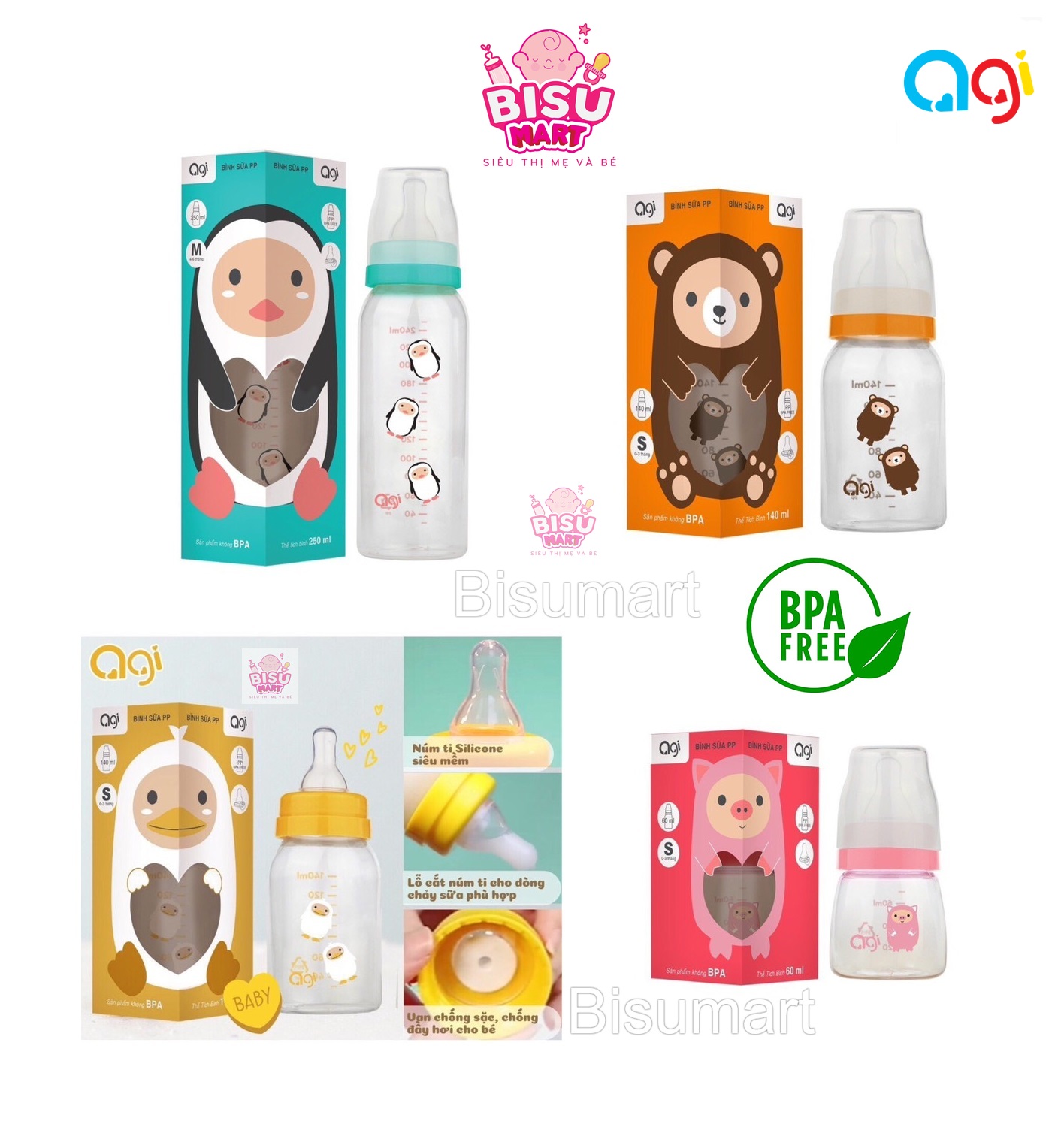 Bình Sữa cổ hẹp Agi PP 60ml - 140ml - 250ml