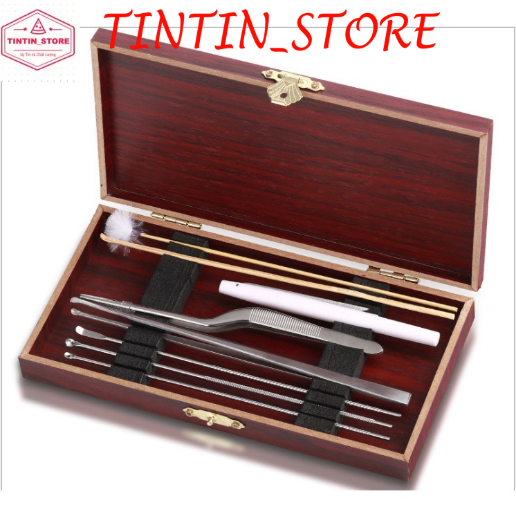 Dụng cụ lấy ráy tai 08 món cao cấp, nhíp lấy ráy tai, bộ ngoáy tai hộp gỗ chuyên nghiệp