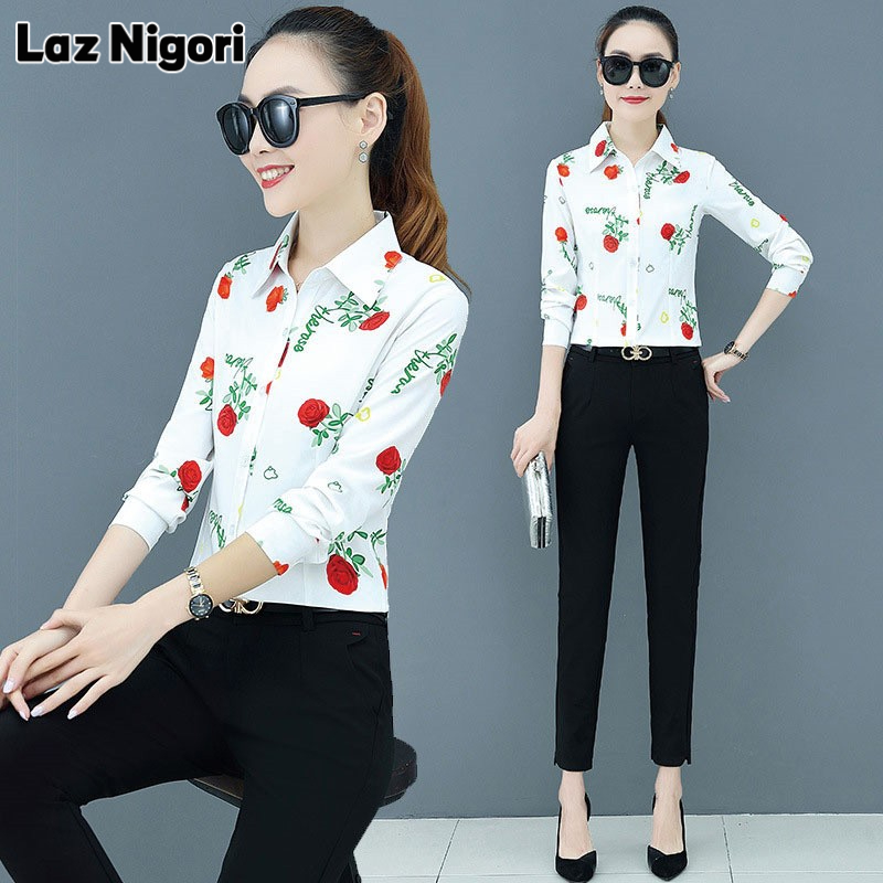 NI Shirts for woman new ladies temperament printed shirt long-sleeved chiffon shirt top bottoming shirt straight shirt