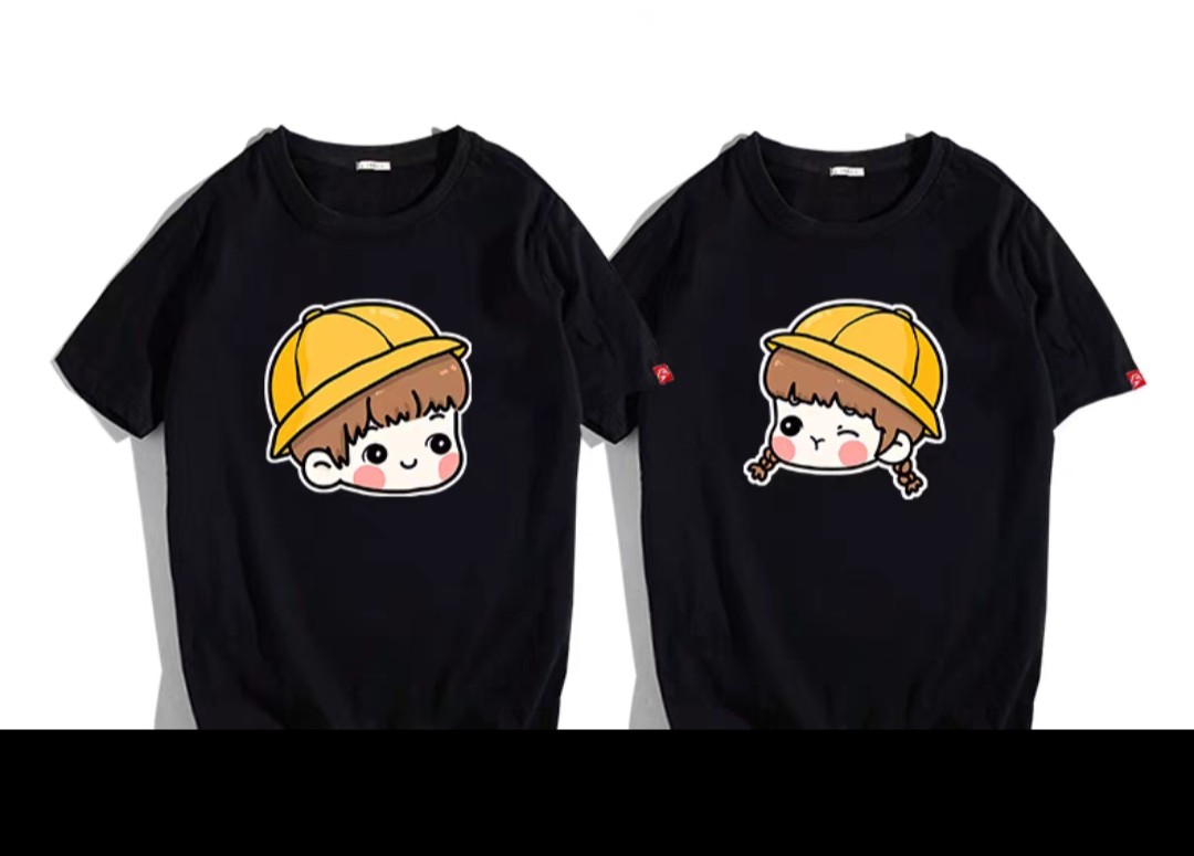 Áo thun đôi cô bé cậu bé đôin mũ mặc đôi mặc nhóm , phom rộng , chất cotton 45  90