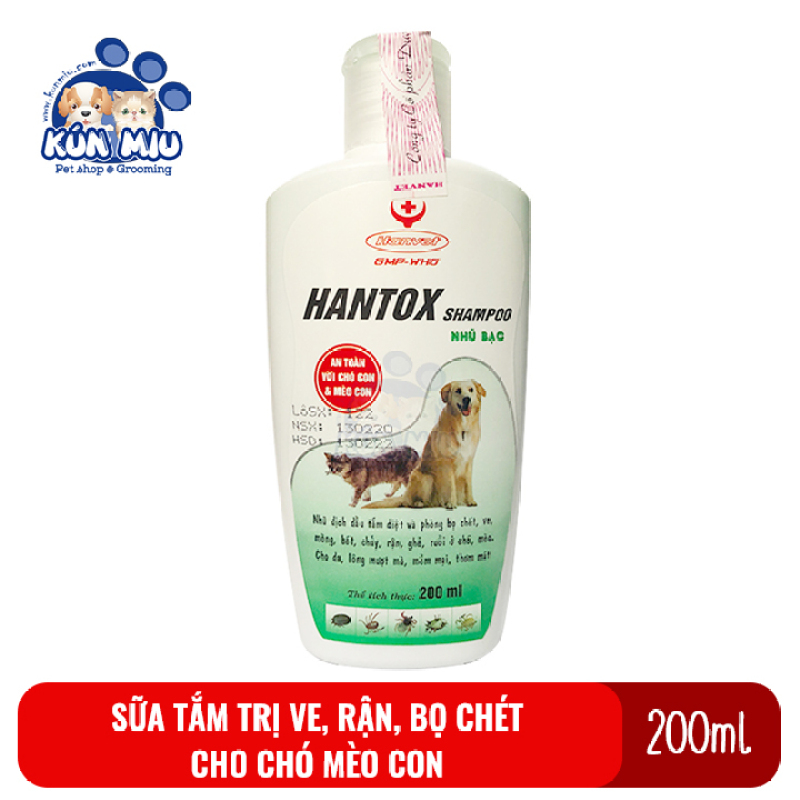 Sữa tắm diệt ve, rận, bọ chét, ký sinh trùng, ghẻ cho chó mèo Hantox nhũ bạc (Xanh) dung tích 200ml
