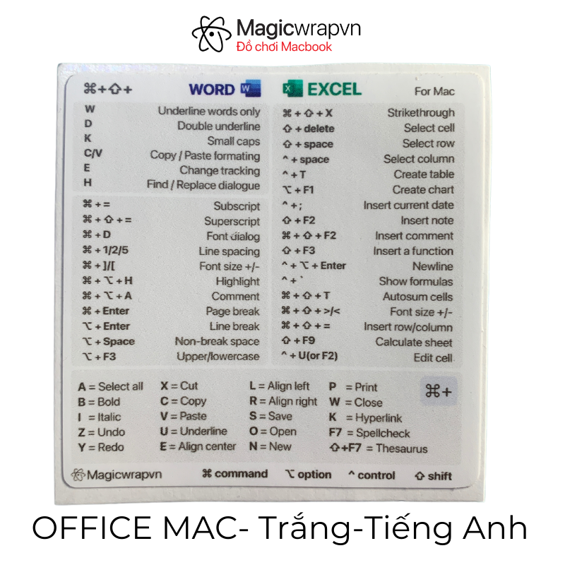 Miếng dán phím tắt OFFICE WORD EXCEL cho MACBOOK, MACOS | Magicwrapvn