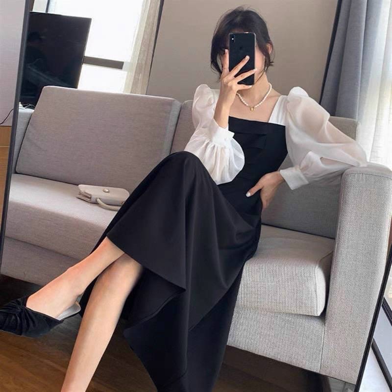 Đầm đen phối trắng tay dài