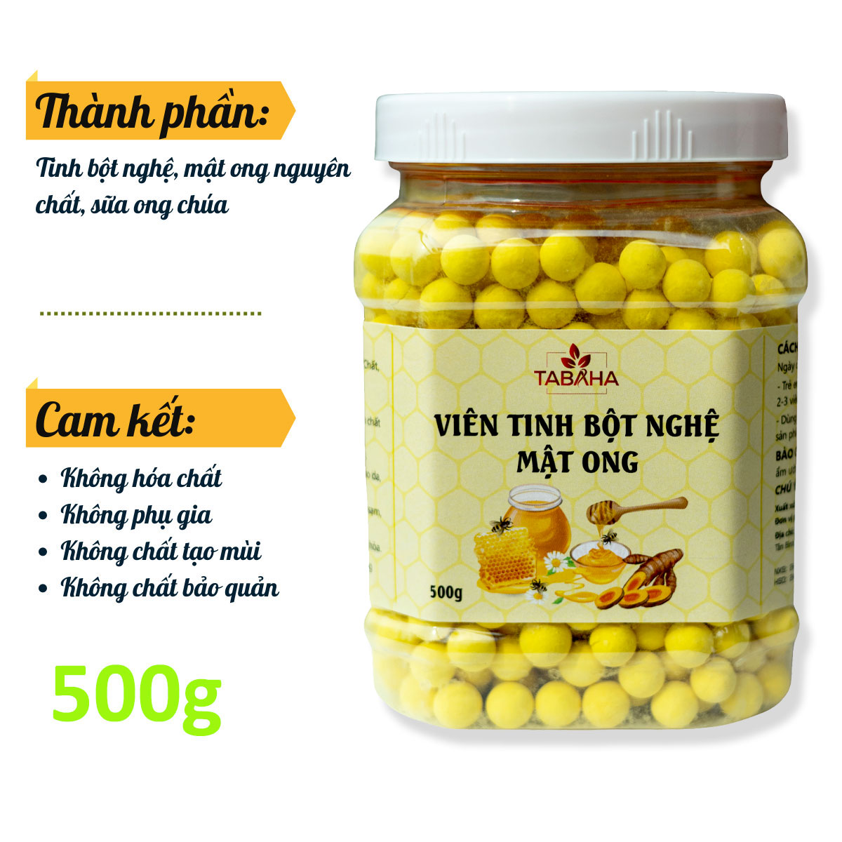 Viên tinh bột nghệ sữa ong chúa tabaha 500g Curcumin nguyên chất không pha trộn hỗ trợ dạ dày bao tử, đẹp da