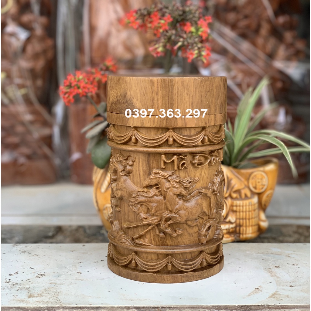Hộp đựng trà nguyên khối gỗ hương,hộp chè tròn trạm khắc mã đáo cỡ 12 cao 20cm
