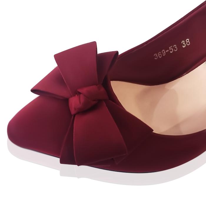 [HCM]Giày lụa cao gót 7cm mũi nhọn đính nơ (Đỏ đô y hình)