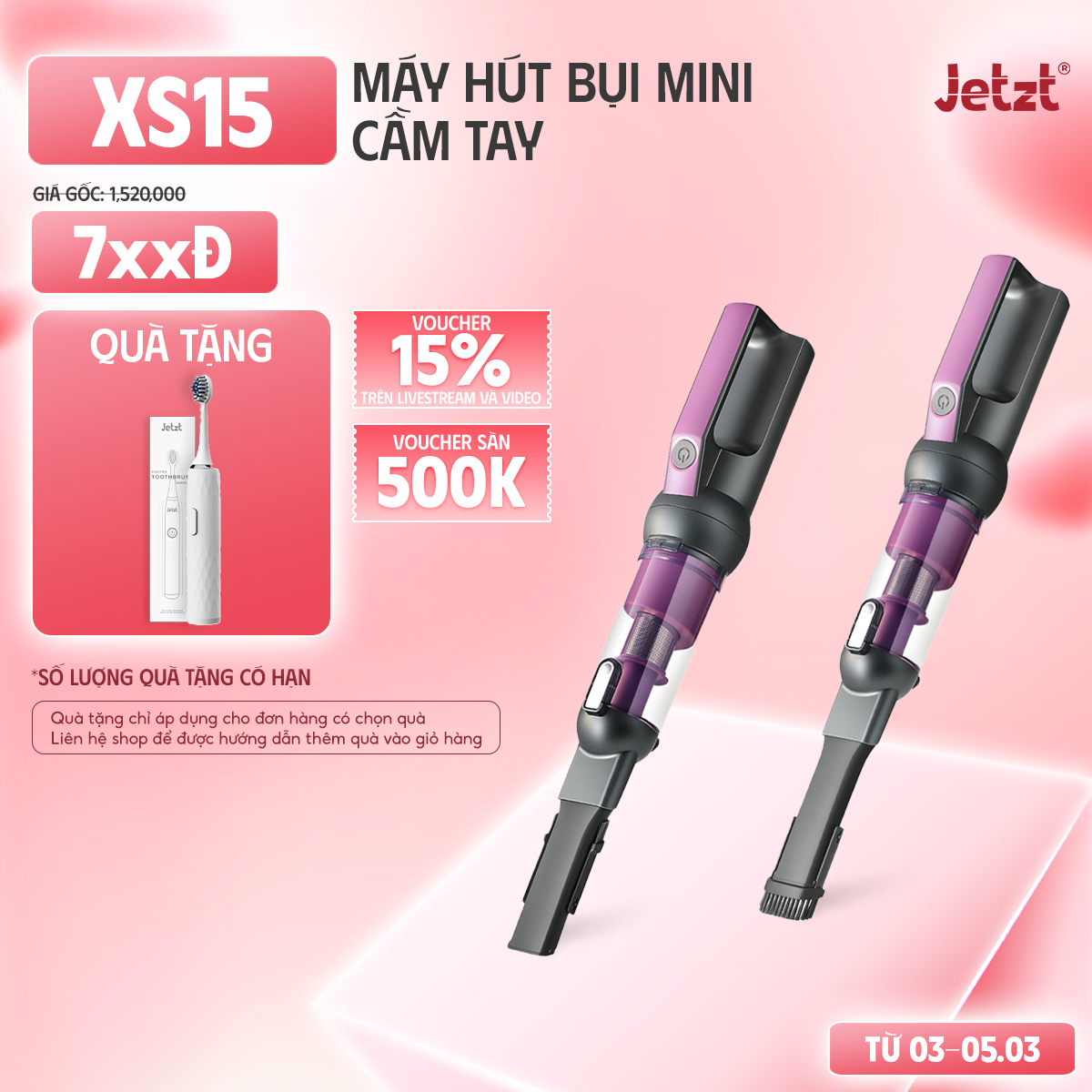 Máy hút bụi không dây cầm tay JETZT XS15 nhỏ gọn, tiện lợi