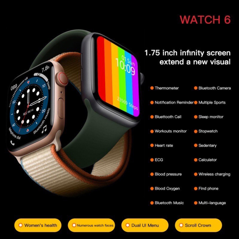 (thegioididong) Apple watch 6 pro Chất Lượng, Giá Tốt 2021 - Smartwatch Series 6 W6 PRO Dùng 2 Nút Nguồn Thay Được Hình Nền Tùy Ý, Nghe Gọi Trực Tiếp, Thay Dây, Nút Xoay Digital Crown, Chống Nước, theo dõi sức khỏe, vv