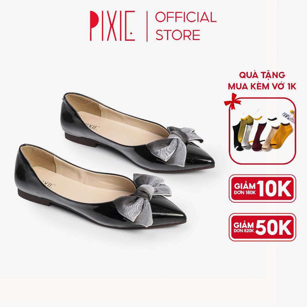 Giày búp bê nữ mũi nhọn phối nơ pixie h050