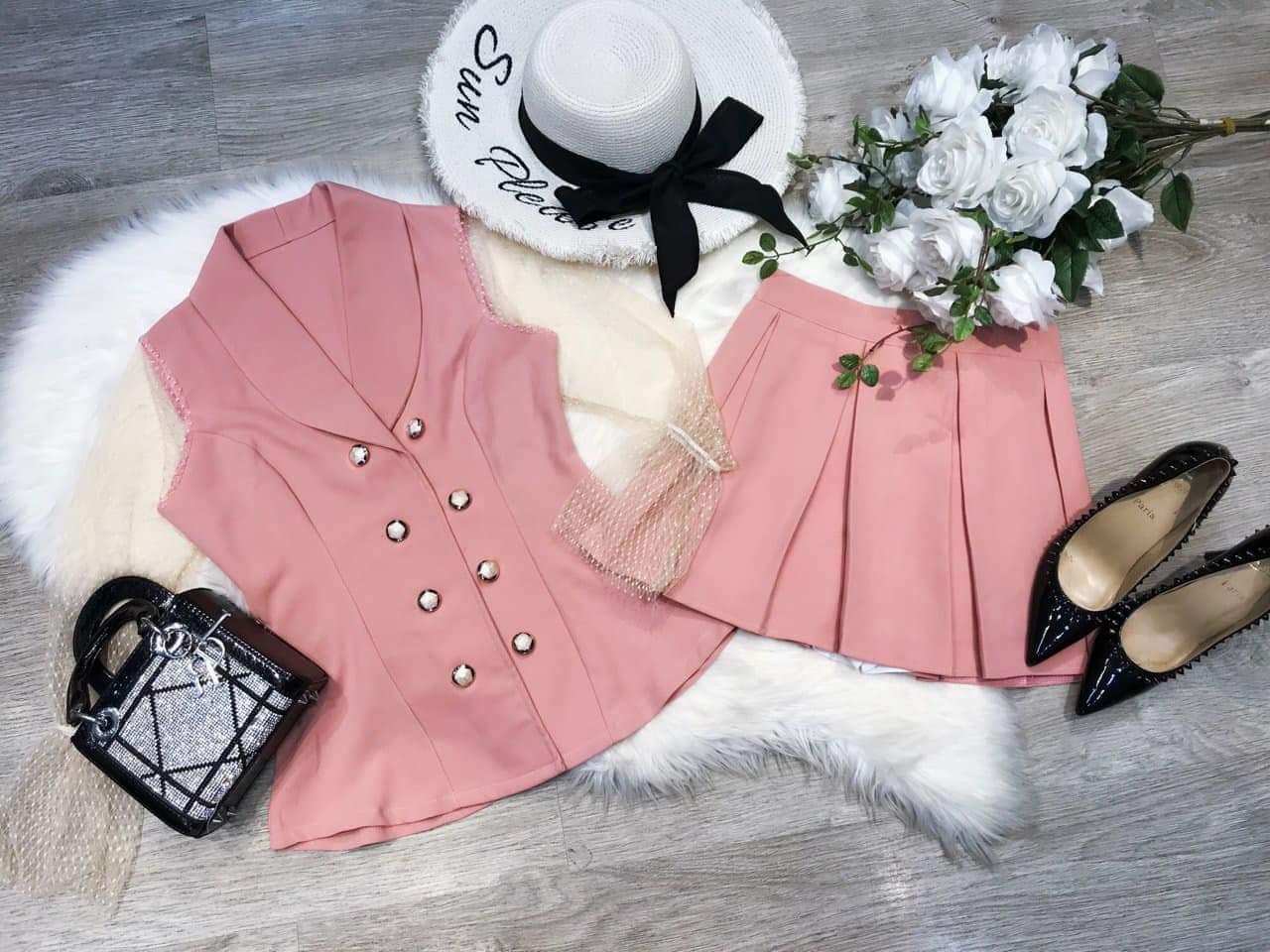 sét áo vest tay phối lưới chân váy