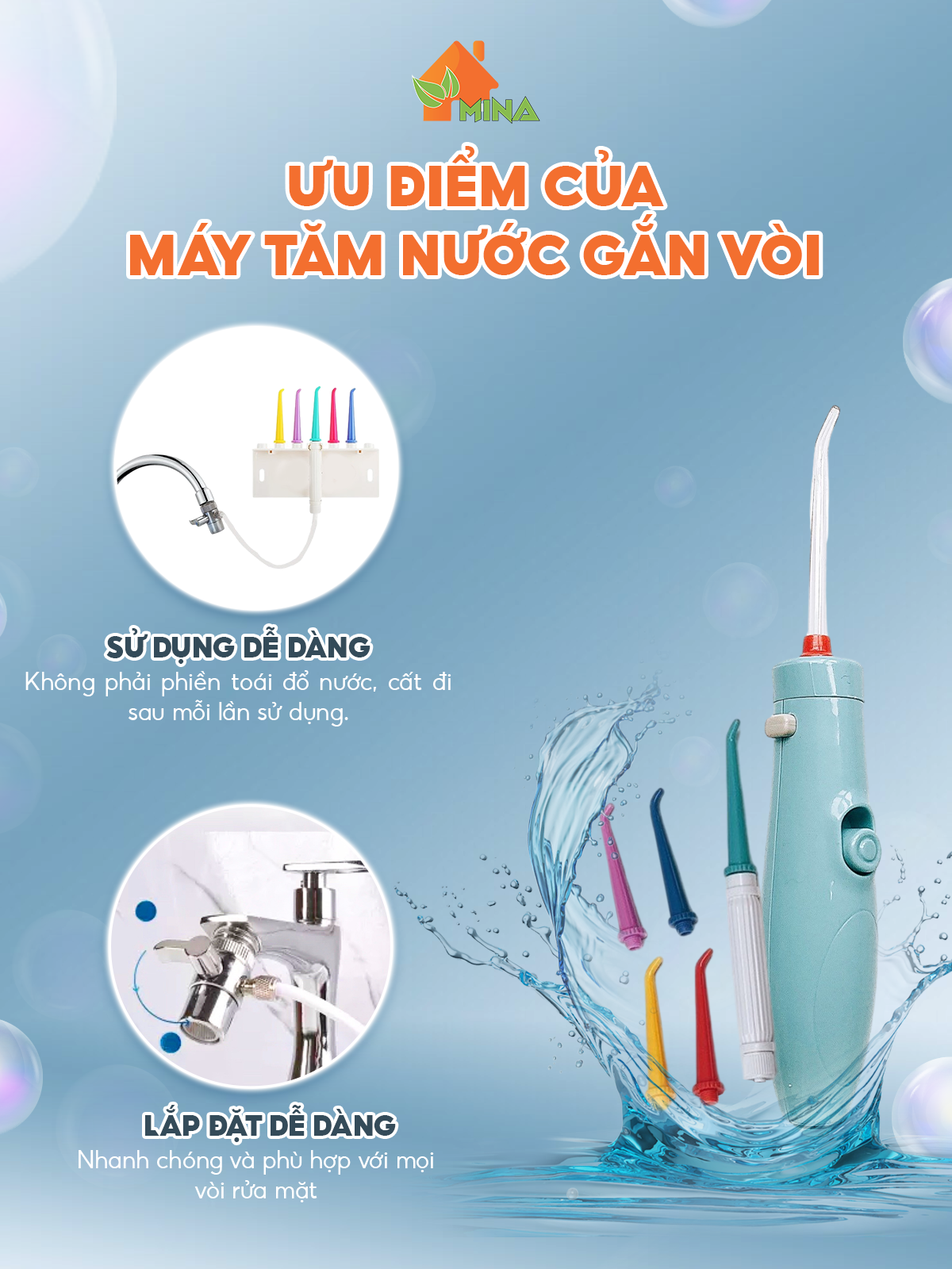 Máy Tăm Nước Mina. Tăm Nước Bảo Hành Đổi Mới 24 tháng. Công Nghệ Nhật Không Dùng Điện. Bóp Nước Vòi Rửa Mặt Tạo Áp Lực. Tặng Kèm 5 Đầu Tăm