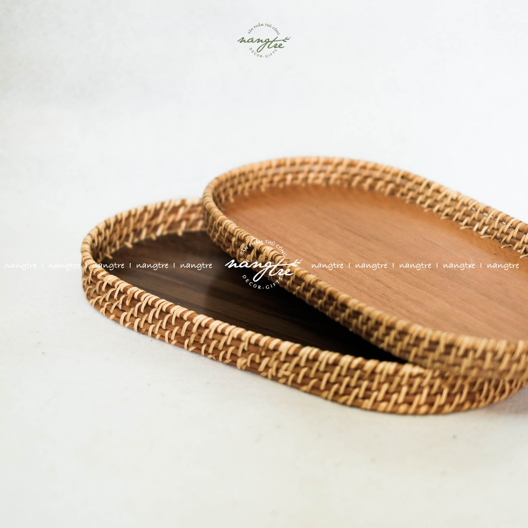 [HCM]Khay mây oval - Khay oval đế gỗ óc chó - Oval rattan tray