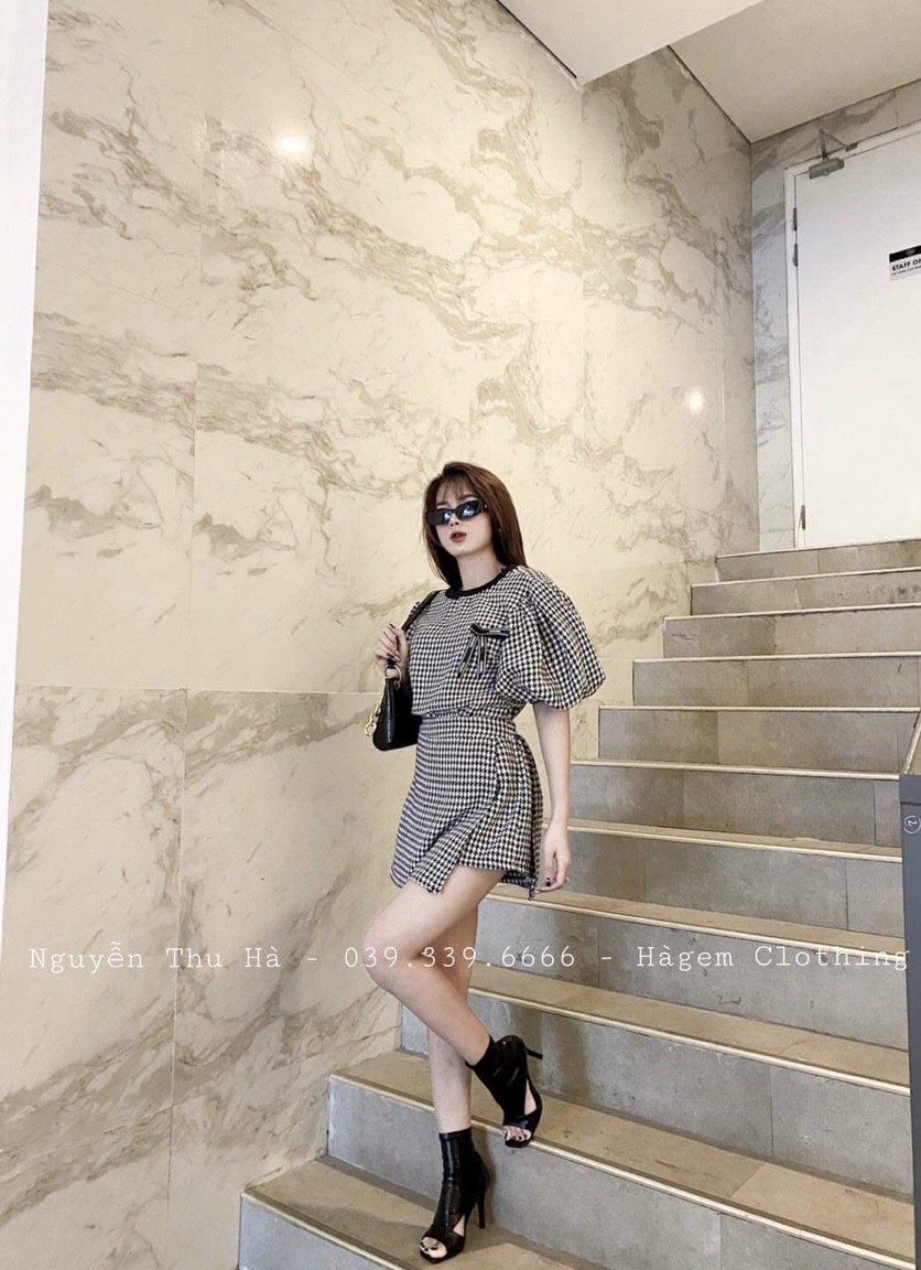 Sét Bộ Ca Rô Xu Hướng Mới Áo Tay Phồng Đính Nơ Phối Chân Váy Xinh xắn TTSA0759