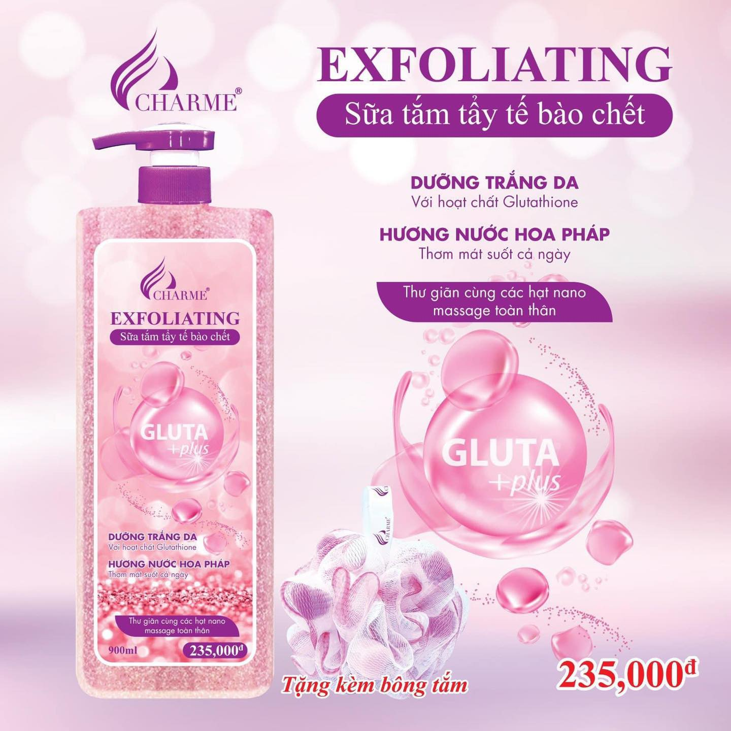 Sữa tắm trắng da thơm lâu Charme_Exfoliating 900ml