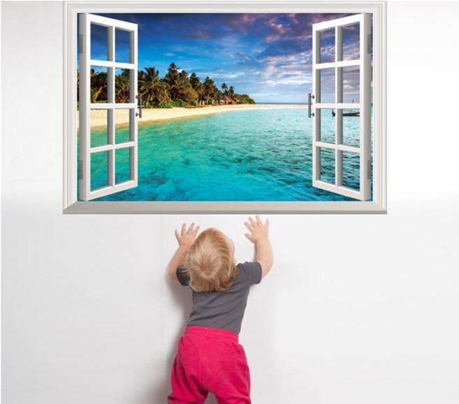 HCM-Decal trang trí tường - Cửa Sổ Bãi Biển Bờ Cát Trắng