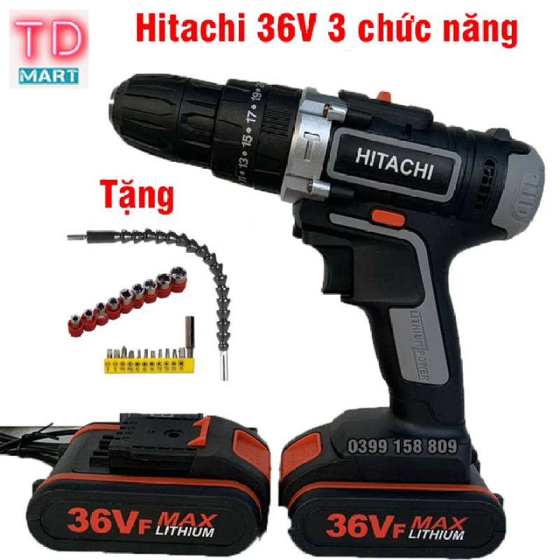 Máy Khoan Pin Hitachi 36V có búa, 2 pin- Khoan tường,khoan sắt, khoan gỗ Tặng bộ phụ kiện 21 chi tiết
