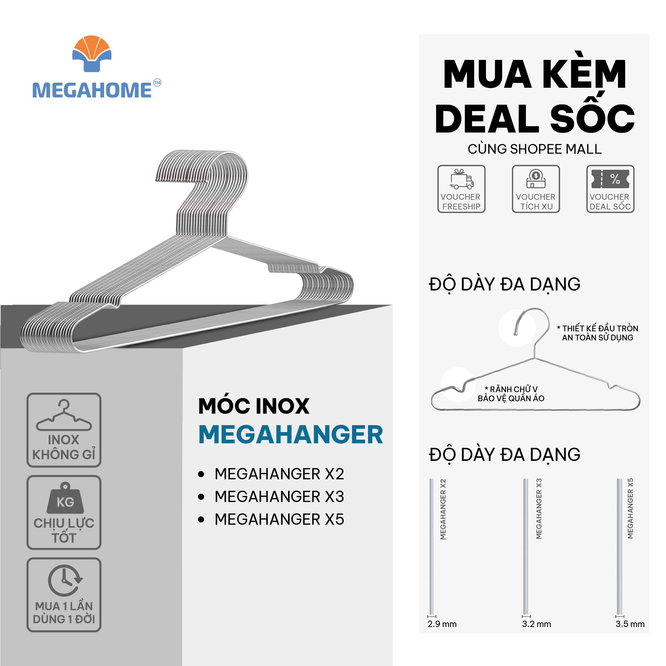 Bộ 20 móc inox  cao cấp Megahome